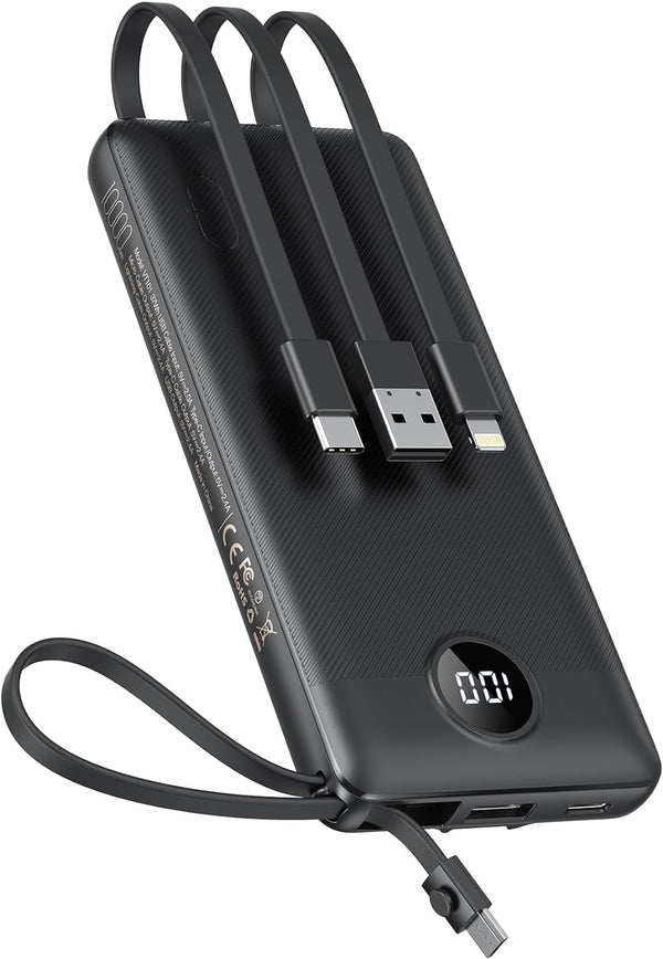 VEEKTOMX Portable Charger Built-in Cables,10000mAh Power Bank for iPhone,Fast Charge USB C Battery Pack Travel Essentials Powerbank Compatible with iPhone 17/16/15/14, Samsung S25/24, Android