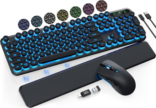 Wireless Keyboard and Mouse Backlit - Typewriter Keyboard with Detachable Wrist Rest, Retro Round Keycaps, Light Up Letters, 2.4G Cordless Combo for Mac, Windows, PC, Laptop, Trueque