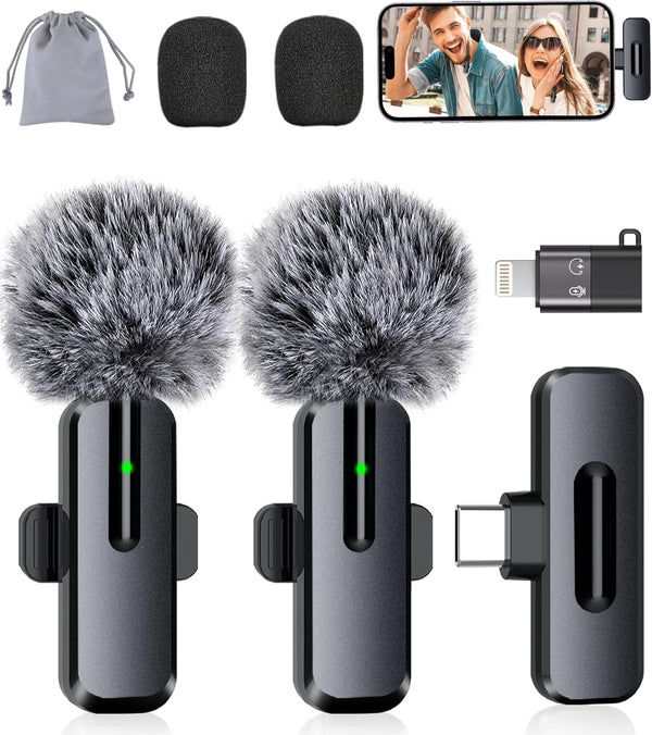 Wireless Mini Microphone for iPhone - 2 Pack Lavalier bluetooth Microphone for Video Recording, 2 In 1 Noise Reduction Lapel Mic for Ipad, Android, Clip-on Mini Mic for Tiktok Youtube Vlog Podcast